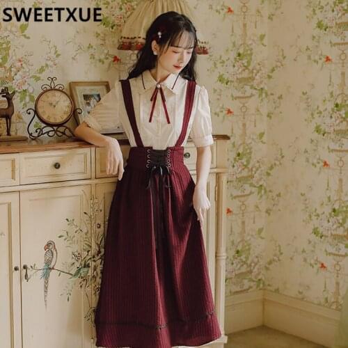 SWEETXUE Women 2021 Summer Fashion Cute Kawaii Retro Bow Shirt Top + Strap Skirt Suit 2-piece set Outfits Preppy Style Ladies
