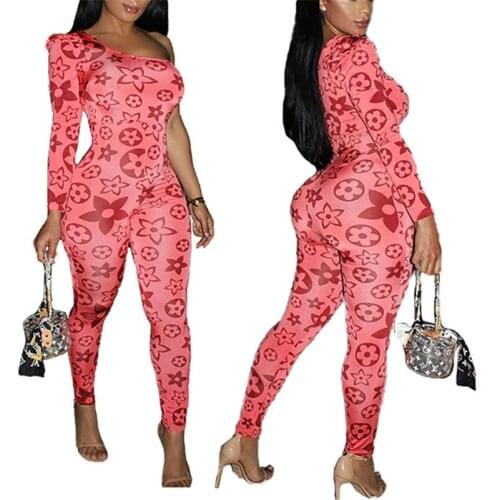 2020 Elegant Party Women Rompers Jumpsuit Floral Print Long Sleeve One Piece Overalls Sexy One Shoulder Ladies Bodycon Clubwear