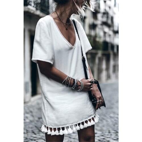 AEL V-Neck Short Sleeve Loose Blouse 2017 Summer Women Shirt Casual Fashion Tassels Ladies Elegant Slim Whiter Tops Clothing