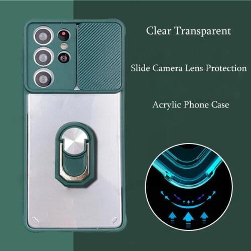 Slide Camera Protector Phone Case For Samsung S21 Ultra S20 FE A70 A21S A72 A52 A32 5G A71 Soft Acrylic Ring Holder Back Cover