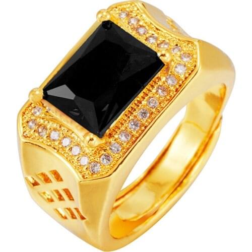 Black Cubic Zirconia Ring Gold Color Wedding Jewelry Male Engagement Ring Resizable To 7-11 Never Fade