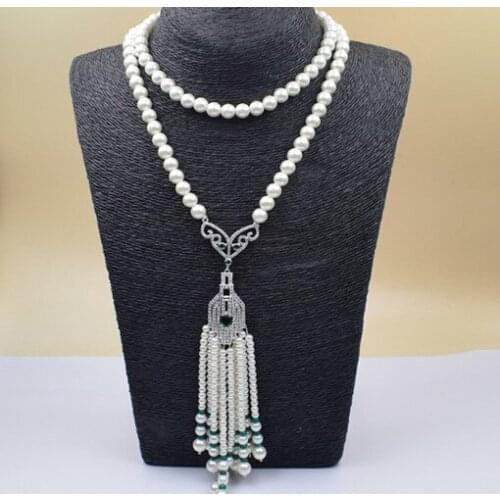 Natural 8-9mm 32inch white freshwater pearl Hand knotted luxury necklace inlay zircon jade tassel long sweater chain
