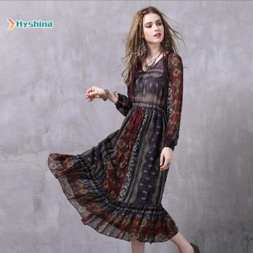 New Printed Bohemia Chiffon Dress Long Skirt National Style Lotus Leaf Edge Crew Neck Dress