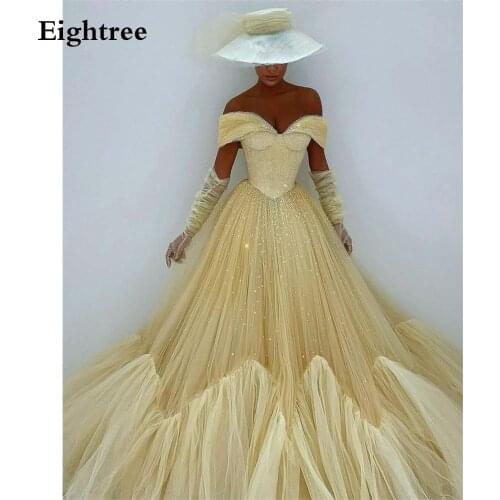 Eightree Yellow Long 2021 A Line Sweetheart Prom Dress Sleeveless Sequines Off Shoulder Evening Party Night Dresses Gowns