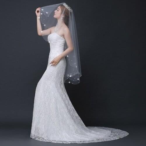 Women Wedding Dress Embroidered Flower Veil Layersf Tulle Rbbon Edge Bridal Veil