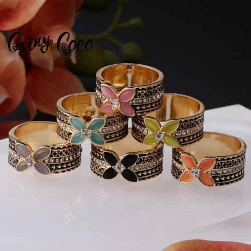 Cring Coco Enamel Flower Ring Hawaiian Green Pink Polynesian Jewelry Size 12 10 Rings Wholesale Dropship for Women Party Lover