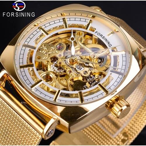 Forsining Classic Men Mechanical Watches Golden Square Case Automatic Skeleton Analog Mesh Steel Band Male Clock Erkek Kol Saati