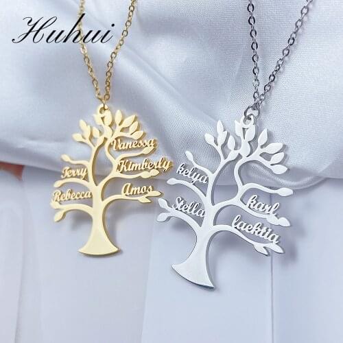HUHUI Custom Tree Of Life 1-6 Names Necklace Personalized Stainless Steel Nameplate Pendant Women Family Jewelry Christmas Gift