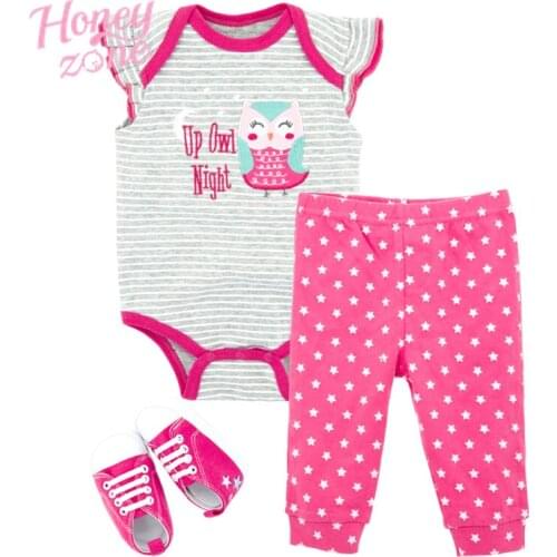Honeyzone Infant Newborn Baby Girls Clothing Set Short Sleeve Tops Romper Pants Shoes Outfits Cotton Suit Summer Sets