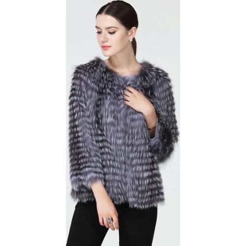 Huanhou queen silver fur fox coat women short,fashion and slim real fur jacket and coat O-Neck nine quarter