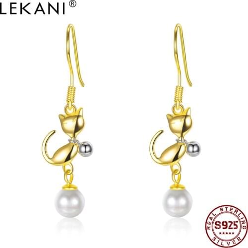 LEKANI 925 Sterling Silver Women Drop Earrings Cute Golden Kitten With Shell Pearls Earring For Girl Party Fine Jewelry On Sale
