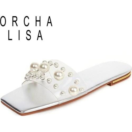 ORCHA LISA 2021 Summer Casual Sweet Fashion Ladies Slippers Flat Pearl Slingbacks Open Toe PU Leather Size 34-43 Silver A4162