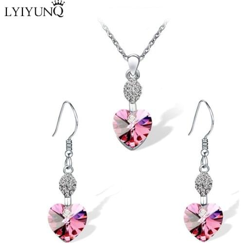 LYIYUNQ Romantic S925 Heart Jewelry Set Classic Shiny Crystal Pendant Necklace Earrings Wedding Jewelry Sets For Women