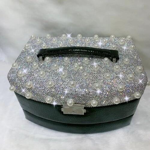 Fashion Crystal Diamond Pearl Makeup Organizers Multifunctional Three Layer Jewelry Storage Box With Mirror Large Handbag Gifts