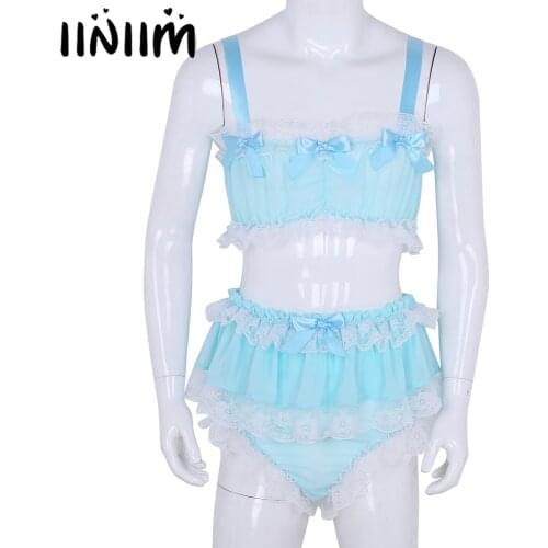 Mens Sissy Lingerie Set Ruffled Lace Sheer Chiffon Sleeveless Crop Top with Skirted Petticoated Nightwear Sexy Panties for Male