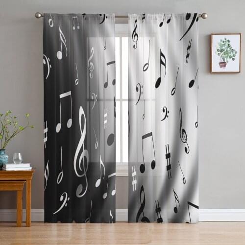 Water Wave Music Black White Musical Notes Sheer Curtains for Girl Kids Bedroom Kitchen Window Drapes Curtain Home Decoration