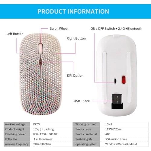 Rhinestone Crystal Wireless Dual Mode 2in1 Blue-tooth 5.0 + 2.4Ghz 1600DPI Mouse P9YA
