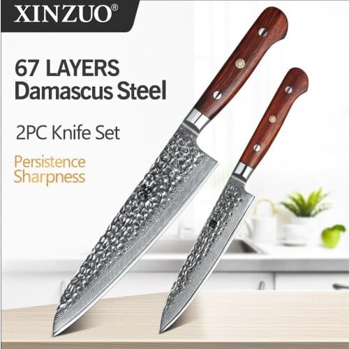 XINZUO 2 PCS Kitchen Knives Chef Set Damascus Forged Steel Chef Santoku Utility Knife Kitchen Stainless Steel Rose Wood Handle