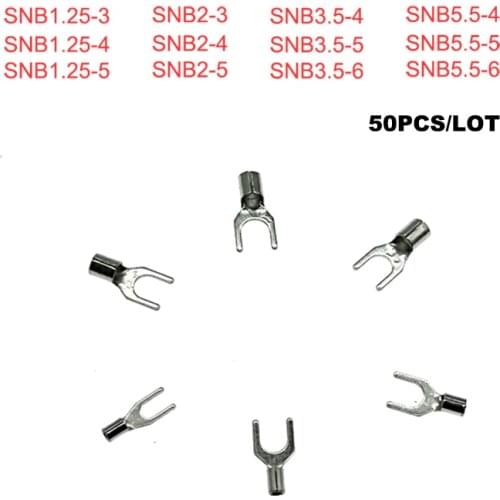 50pcs Spade Bare Cord End Crimp Terminals Electrical Naked Wire Cable Connector SNB1.25-3~5.5-6 Ferrules 22-10AWG 0.5-6mm2