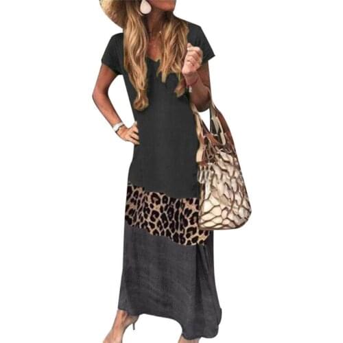 Casual Women summer dress V Neck Short Sleeve woman dress Leopard Print Color Block Loose Long Dress dresses for women платье