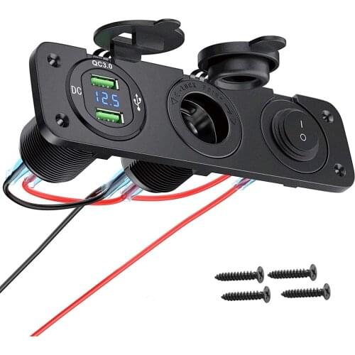 Prewired 3 In 1 Cigarette Lighter Socket Quick Charge 3.0 QC3.0 Dual USB Socket Voltmeter Toggle Switch for Marine Boat Truck RV