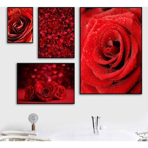 Red Roses Flower Petal Canvas Painting On Wall Art Posters And Prints Waterdrop Decorative Picture Cuadros For Living Room