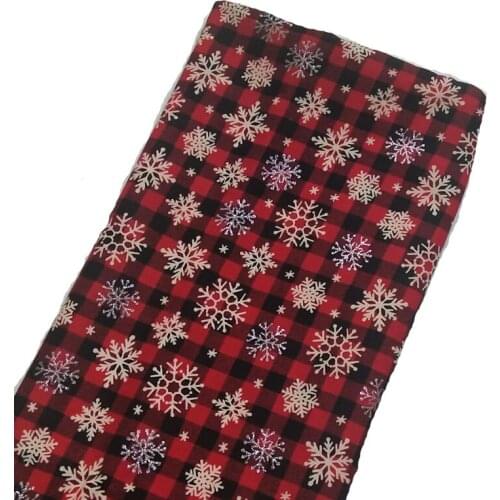 Pretty Christmas Silver Stamping Glitter Snowflake Red Black Square Check Printed Cotton Fabric 50x105cm Fabric Patchwork for Cl