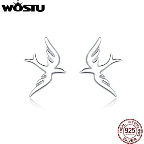 WOSTU 925 Sterling Silver Spring Swallow Bird Stud Earrings For Women Wedding Engagement Small Earrings Lovely Jewelry CTE302