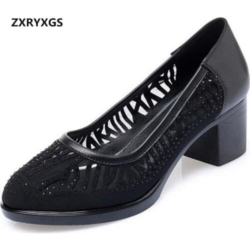 2020 New Splice Breathable Shoes Woman Sandals Cowhide Microfiber Mesh Rhinestones Shoes Women Black Shoes High Heels 5 / 8 Cm