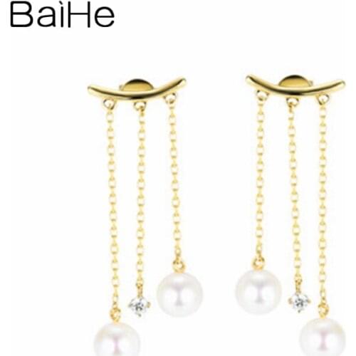 BAIHE Solid 18K Yellow Gold Natural Diamonds Freshwater Pearls Earrings Fine Jewelry Long Earrings Women Ear line серьги сережки