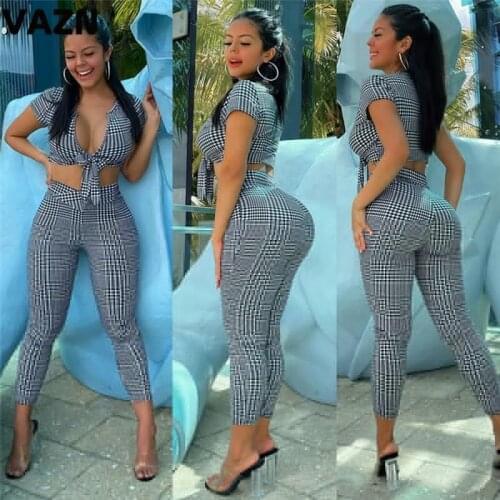 VAZN High street 2020 summer sexy lady colors plaid 2-piece set short sleeve knotted short tops mid-calf pants set skinny sets