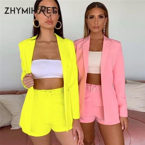 ZHYMIHRET 2020 Autumn Neon Color Blazer And Shorts Women 2 Piece Set With Belt Elegant Office Lady Jacket Shorts Suit Female Set