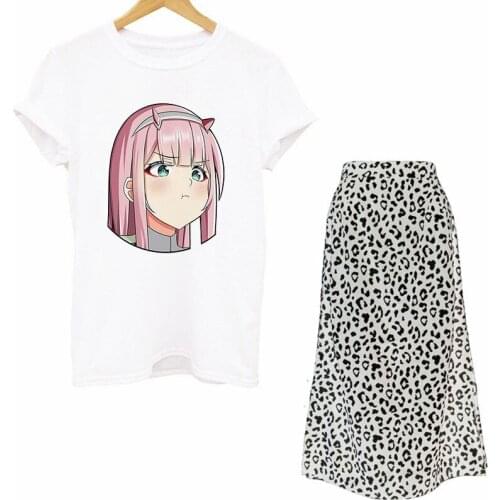 Women Two Pcs Set Darling In The Franxx Anime Harajuku Zero TWO Print T Shirts And Skirt Set Summer Skirt Sexy Outfit Female Y2k