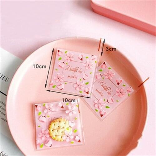 10*10cm 100pcs Cherry blossoms Self-adhesive Cookies Bags Plastic Biscuits Candy Packaging Bag Wedding Birthday Party Supplies