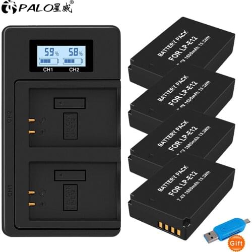 4PCS 1800mAh LP-E12 LP E12 LPE12 Li-ion Battery +LCD USB Dual Charger for Canon EOS M50, EOS M100,100D Kiss X7 Rebel SL1 Camera
