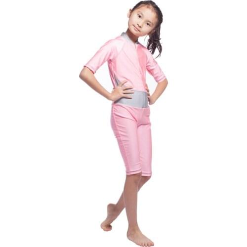 Kids Girls Breathable Swimsuit Patchwork Beachwear With Zipper Pink Yellow Colors Children Girl One Piece Muslim Swimwear
