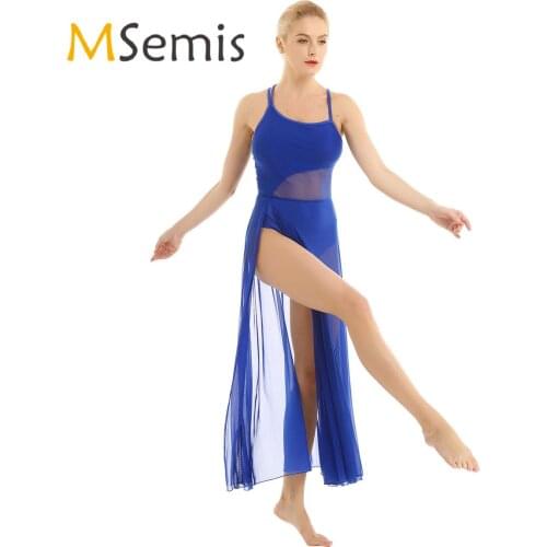 Women Standard Ballroom Dress Sleeveless Asymmetrical Ballet Maxi with Built-In Leotard Ballerina Stage Lyrical Dance Costumes