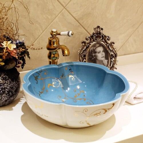 Europe Style China Artistic Handmade Flower Shape Counter top Ceramic Bathroom Vessel Sink hand washing sink