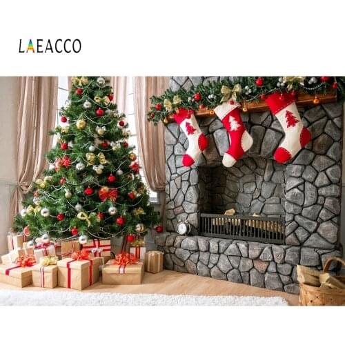 Laeacco Christmas Decoration Tree Gifts Socks Fireplace Interior Photography Backgrounds Customized Photographic Backdrops