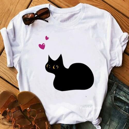Cute Coffee Cat Cartoon Print Tshirt WomenS Clothing Funny T Shirt Femme Harajuku Kawaii Clothes Female T-Shirt Wholesale