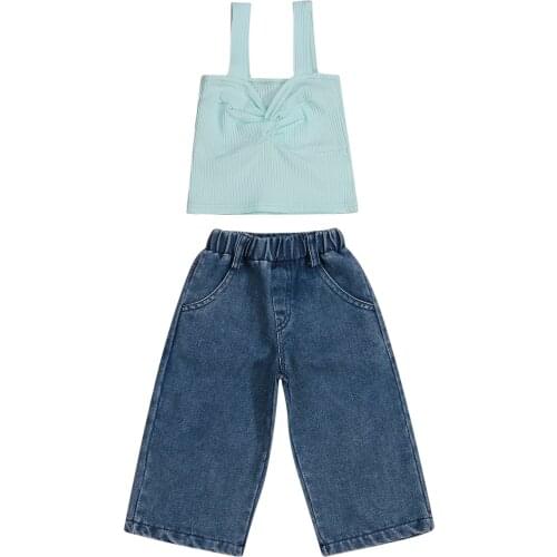 Lioraitiin 2 Pcs 2-7Years Toddler Baby Girl Summer Outfit Solid Color Twist Knot V-neck Tank Top + Jeans with Pockets