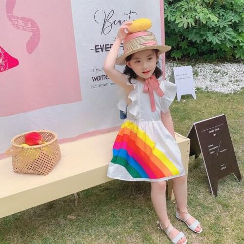 Girls Korean dresses rainbow color matching short open back dress children color princess dress toddler girl clothes