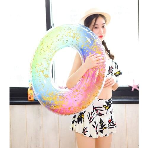 Float Circle Swimming Ring Gradient Color Sequins Life Ring Inflatable Pool Safe Pool Float Air Mattress Beach Party Pool Toys
