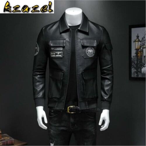Autumn Fashion Trendy Embroidered Mens Leather Jacket Men Slim Lapel Aviator zipper jackets Male Motorcycle PU Brand Clothing