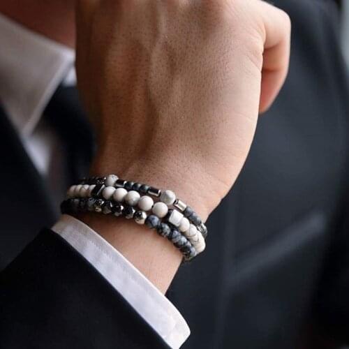 2020 New Fashion Men Bracelet Sets Cube Charm Pave CZ Geometric Strand Beads Set Bracelet For Men Jewelry Gift