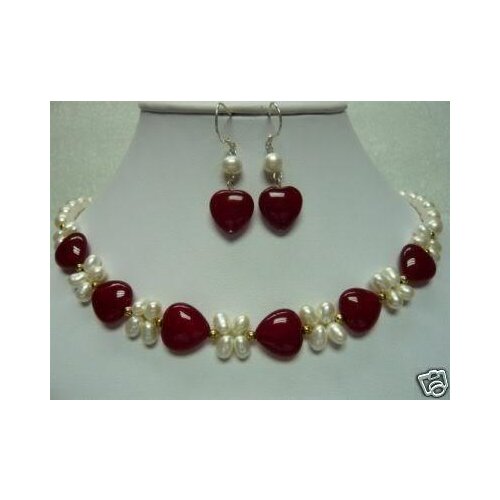 Nobby white Freshwater cultured pearl & red heart jade necklace 18" & earring