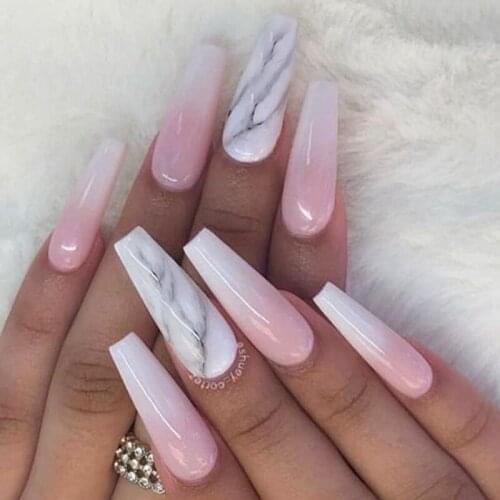 24pcs/Set European Marble False Nails Extra Long Pink Gradient Coffin Shaped Artificial Nail Art with Glue Ballet Full Tips