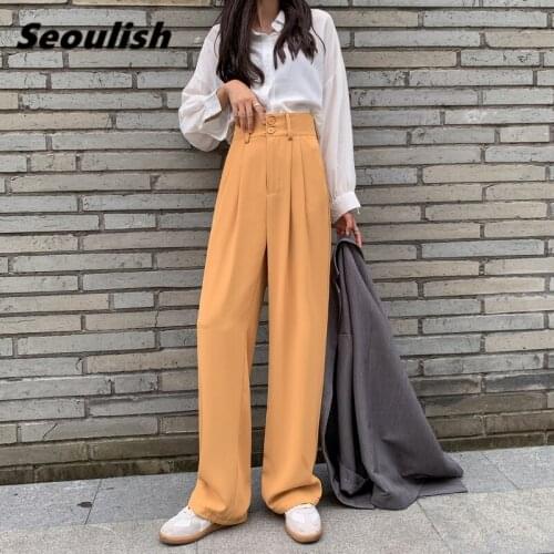 Seoulish 2021 New Spring Summer Wide Leg Womens Full Pants Button High Waist Female Elegant Minimalism Office Work Trousers