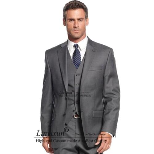 Grey Casual Men Wedding Tuxedos Formal Custom Online Three Piece Fall Outside Business Office Suits Party (Jacket+Pants+Vest)