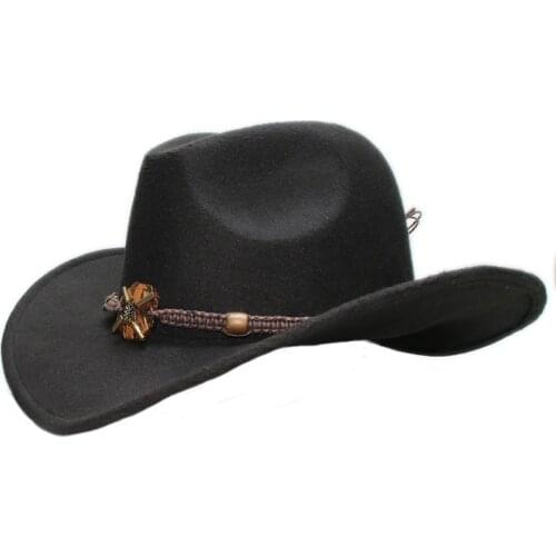 Vintage Parent-child Women Men /Kid Child Wool Wide Brim Cowboy Western Hat Cowgirl Bowler Cap Wood Knitted Bead Band (57cm/54cm